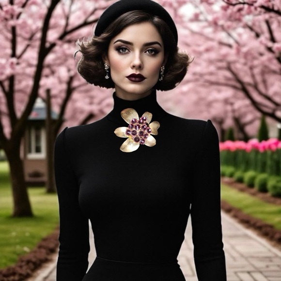 80s vintage Brooch /pendantGold tone Flower  With Purple Glass. Statement Piece - Picture 4 of 16